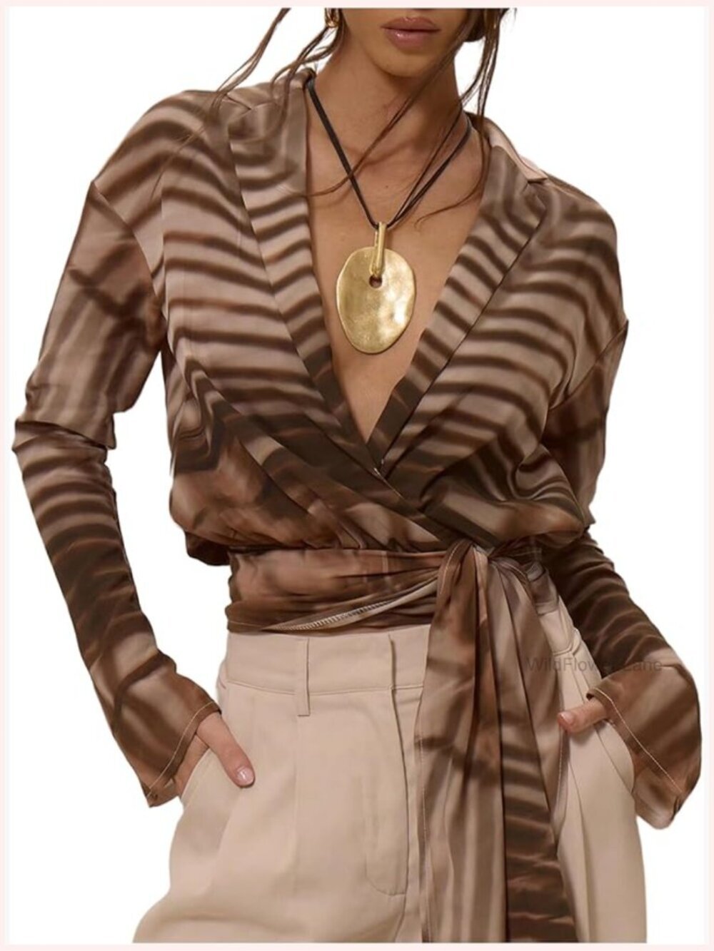 Long Sleeve Wrap Blouse Deep V Neck Tie Knot Dressy Going Out Fall Top